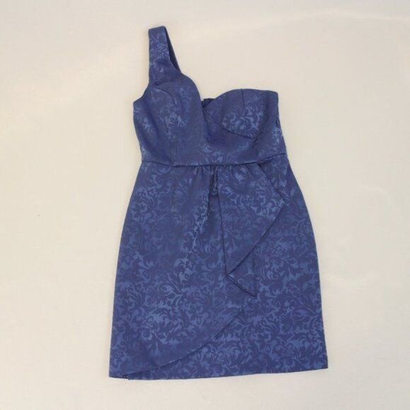 Blue One Shoulder Asymmetrical Brocade Dress M - Picture 5 of 7